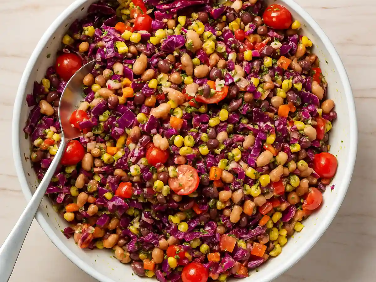 Dense bean salad in rustic bowl