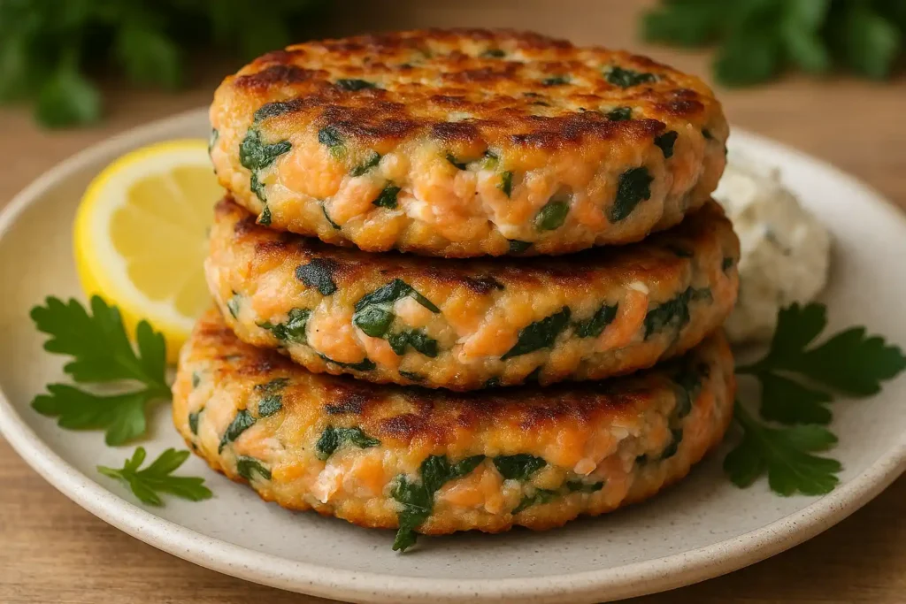 mediterranean salmon patties, on a ceramic plate with fresh parsley, a lemon wedge, and a dollop of dip.