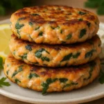 mediterranean salmon patties, on a ceramic plate with fresh parsley, a lemon wedge, and a dollop of dip.