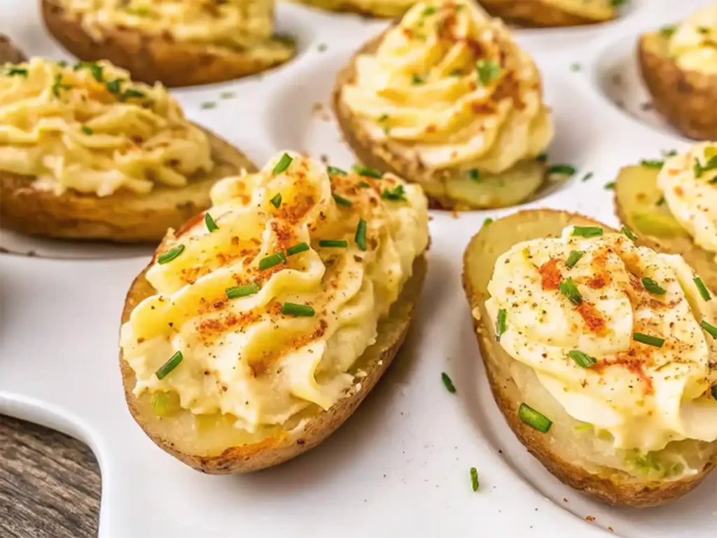 Deviled Potatoes That Are Creamy, Vegan, and Quick to Make 4 Overhead view of creamy deviled potatoes topped with paprika and chopped chives on a white tray