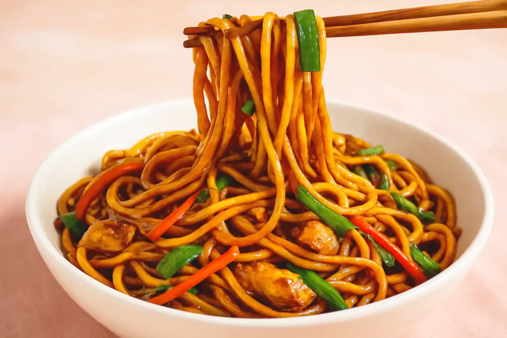 Saucy Garlic Chicken Lo Mein in White Bowl