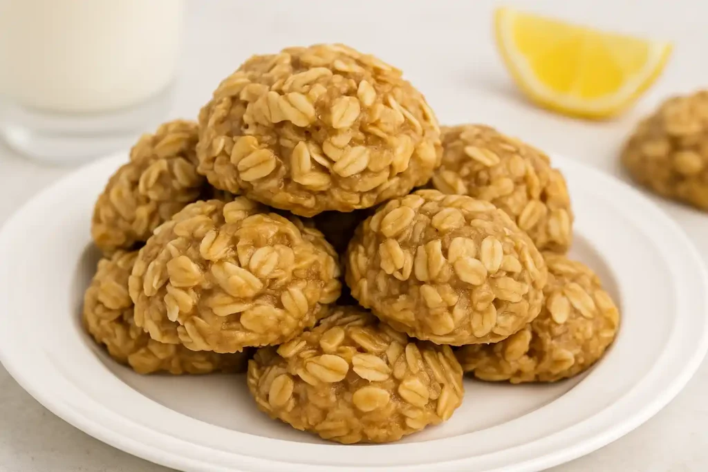 A plate of Lemon Oatmeal No-Bake Cookies stacked in a pyramid shape, with visible oats and a golden hue, accompanied by a lemon wedge and glass of milk in the background.