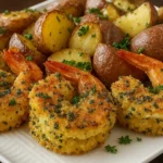 Close-up of golden-brown breaded shrimp and roasted baby potatoes garnished with parsley on a white plate.