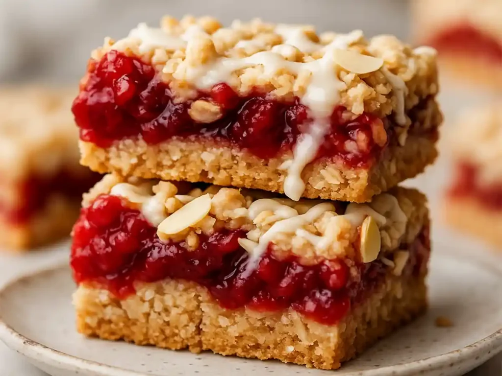 Cherry Pie Bars, Two stacked raspberry crumble bars on a beige ceramic plate, with a golden oat crust, vibrant raspberry filling, and a drizzle of white icing.