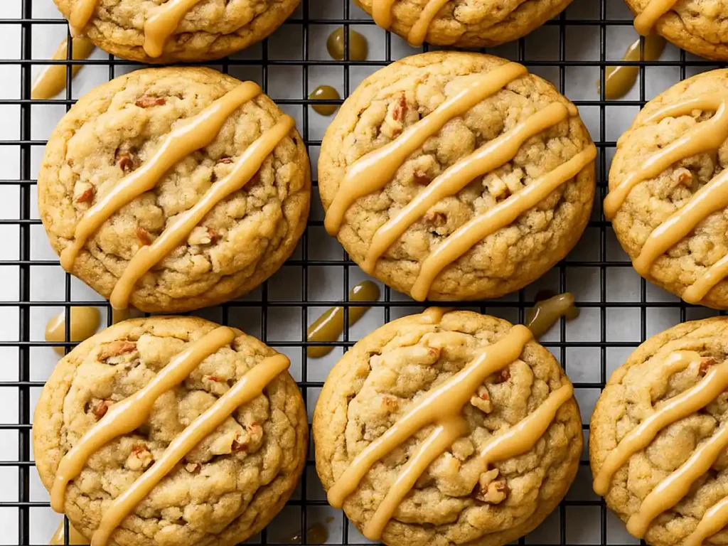 Maple Brown Sugar Cookies, Overhead view of golden pecan cookies drizzled with caramel glaze on a wire cooling rack.