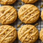 Maple Brown Sugar Cookies, Overhead view of golden pecan cookies drizzled with caramel glaze on a wire cooling rack.