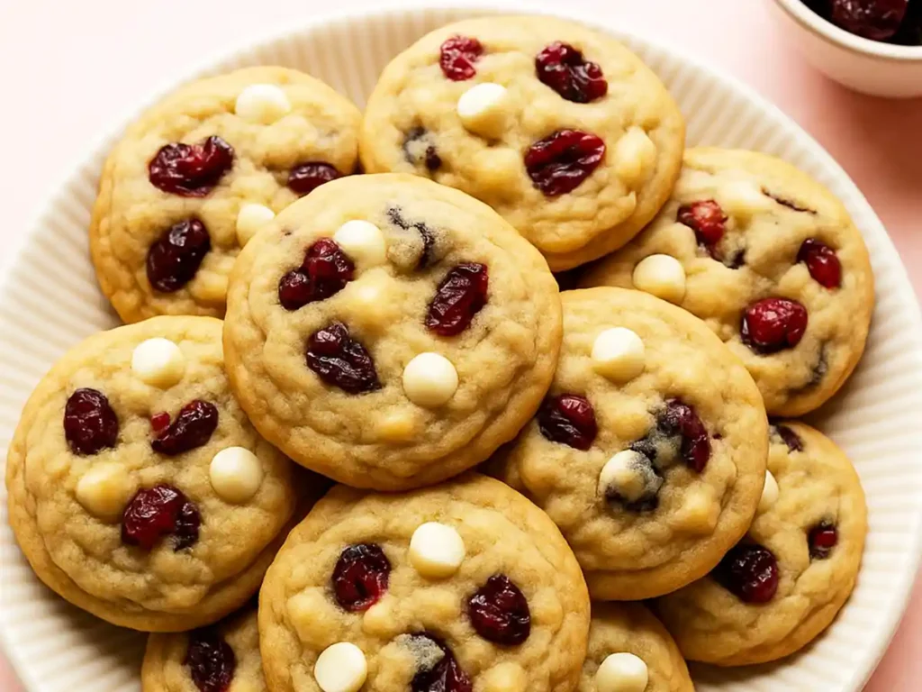 Plate of Soft-Baked White Chocolate Cranberry Cookies